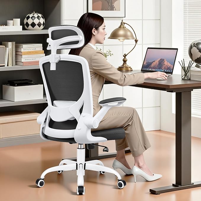 Ergonomic Office Chair, Computer Desk Chair Comfy with Adjustable Headrest, Lumbar Support, Flip-up Armrests, Gaming Chairs for Long Hours, White