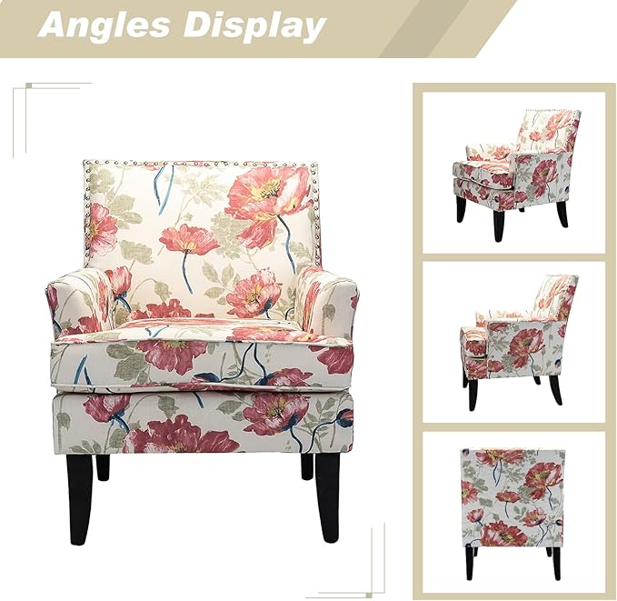 HULALA HOME Modern Accent Chair with Arms and Wooden Legs, Mid Century Accent Chair Armchair High Back Rest, Padded Armrest and Comfortable Cushioned Seat for Living Room (Red Yellow Floral)