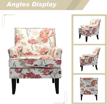HULALA HOME Modern Accent Chairs Set of 2, Farmhouse High Back Floral Chairs with Wooden Legs & Nail Head Trim, Comfy Upholstered Armchairs for Living Room/Bedroom (Red Yellow Floral)