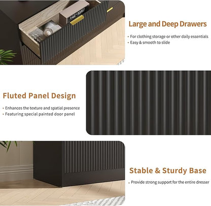 Black Dresser with 6 Deep Drawers, 55” Wide Fluted Dresser for Bedroom with Gold Handle, Modern Chest of Drawer for Closet, Bedroom, Living Room, Black