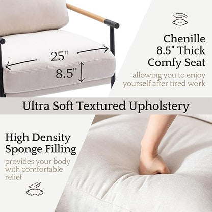 LukeAlon Mid-Century Chenille Accent Chair, Ultra Soft Living Room Chair with Metal Legs Modern Armchair Lounge Chairs Upholstered Comfy Leisure Chair for Bedroom Reception Area Reading Room, Beige