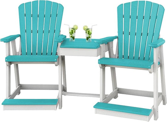 DutchCrafters Plastic Poly Outdoor Bistro Set with 2 Chairs and Attached Center Table, 3 Piece Patio Furniture Set - Amish Made in USA (White & Aruba Blue)