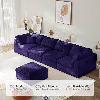 138" Boneless Cloud Couch Modular Sectional Sofa with Deep Seat for Living Room, L Shape Couch with Ottoman, Snowflake Cloth and 40D Memory Sponge，2 Throw Pillows (Purple, 4 Seater+1 Ottoman)