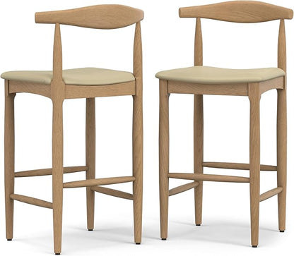 SIMPLIHOME Molly Bar Stool - 29 inch Seat Height Upholstered Wood Chair in Natural Faux Leather, Mid Century Seating for Kitchen or Bar with Contoured Back and Footrest, Fully Assembled
