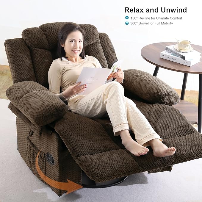 Recliner Chair Oversized 360° Swivel Rocker Recliners with Massage and Heating Theater Chairs Lounge Sofa Adults Lazy Sofas Single Couch for Living Room Overstuffed Armrests XL (Brown)