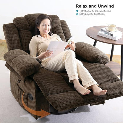 Recliner Chair Oversized 360° Swivel Rocker Recliners with Massage and Heating Theater Chairs Lounge Sofa Adults Lazy Sofas Single Couch for Living Room Overstuffed Armrests XL (Brown)
