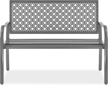 Best Choice Products Outdoor Bench 2-Person Metal Steel Benches Furniture for Garden, Patio, Porch, Entryway w/Geometric Backrest, 790lb Capacity – Gray