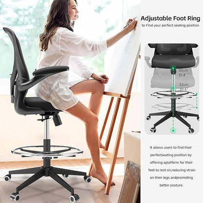 Drafting Chair, Ergonomic Tall Office Chairs for Standing Desk, Home Office Desk Chair with Lumbar Support and Adjustable Flip-up Armrests & footrest (06H-Black)