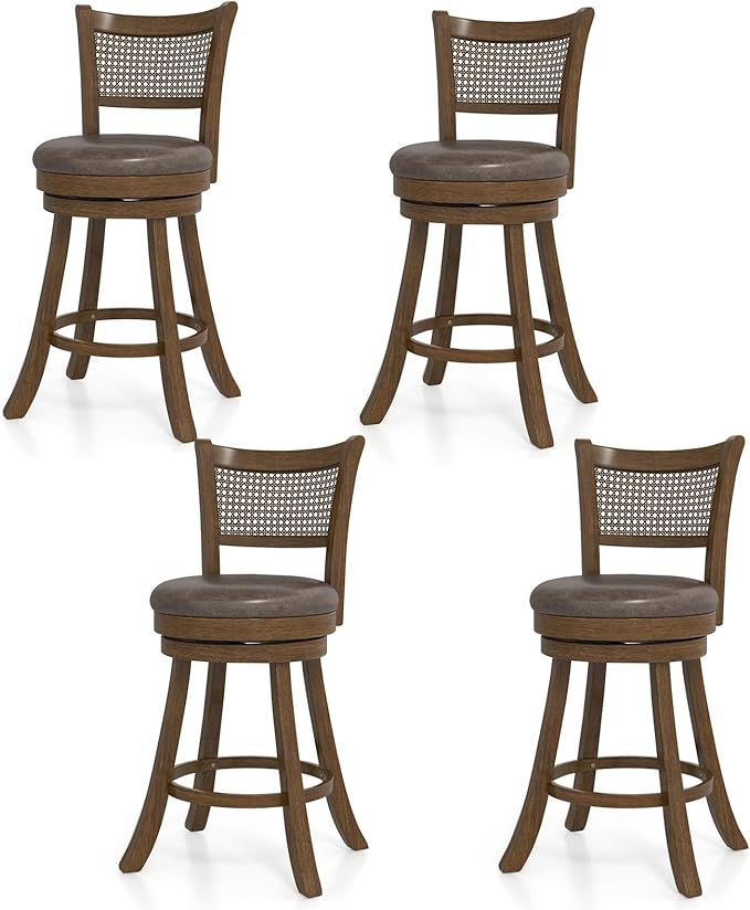 COSTWAY 25” Swivel Counter Height Barstools Set of 4, Rubber Wood Bar Stools with Rattan Backrest, Footrest, Upholstered Leathaire Armless Chairs for Kitchen Island, Pub, Brown (4, 25” Seat Height)