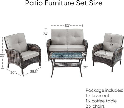 HUMMUH 4-Piece Patio Furniture Wicker Outdoor Conversation Set,All-Weather Rattan Outdoor Sofa Set Patio Chairs Coffee Table for Backyard,Porch,Deck