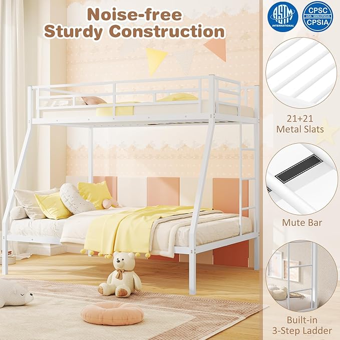 Giantex Metal Bunk Beds Twin Over Full Size, Heavy Duty Loft Bunk Bed with Ladder & Guardrail, Space Saving Bunk Bed for Dorm Apartment, Teens & Adults, Noise-Free, No Box Spring Needed, White