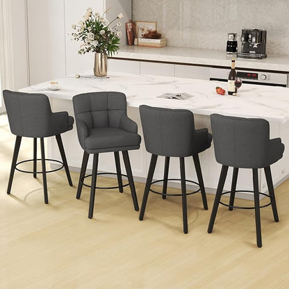 360°Swivel Counter Height Bar Stools with Back, 30 inch Solid Wood Legs, Bar Stool Modern Kitchen Island Chairs, Fabric (Black Grey- Fabric, 30" H- Set of 4)