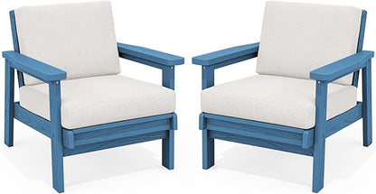 SERWALL HDPE Outdoor Couch Set of 2, Blue Frame and Khaki Cushion