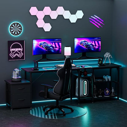 YOUNGAR L Shape Gaming Desk with File Drawers&Power Outlet, 69.3 Inch Reversible 2 Person Desk,Corner L Shape or Long Desk Set up,Monitor Stand &Storage Shelves, LED Lights &CPU Stand,Black