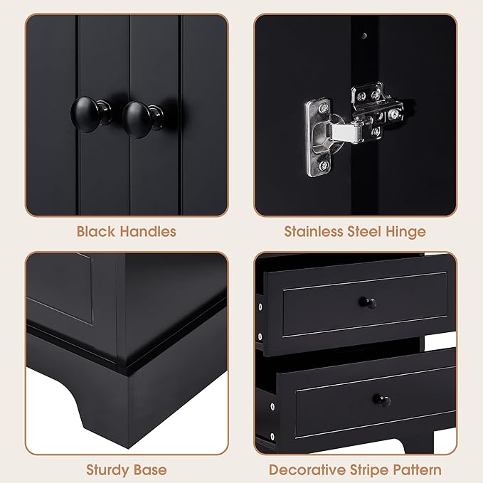 P PURLOVE Tall Bathroom Storage Cabinet with 2 Doors and 4 Drawers,Narrow Bathroom Cabinet Standing,Wood Freestanding Bathroom Cabinet for Kitchen,Living Room,Black