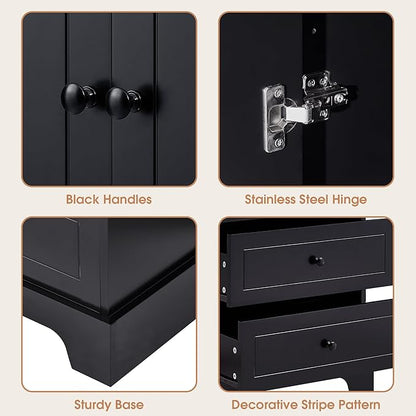 P PURLOVE Tall Bathroom Storage Cabinet with 2 Doors and 4 Drawers,Narrow Bathroom Cabinet Standing,Wood Freestanding Bathroom Cabinet for Kitchen,Living Room,Black