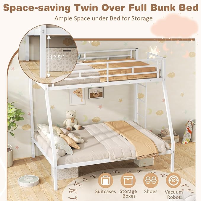 Giantex Metal Bunk Beds Twin Over Full Size, Heavy Duty Loft Bunk Bed with Ladder & Guardrail, Space Saving Bunk Bed for Dorm Apartment, Teens & Adults, Noise-Free, No Box Spring Needed, White