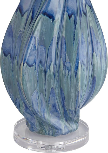 Possini Euro Design Teresa Modern Coastal Table Lamp 31" Tall Teal Blue Drip Ceramic Beige Fabric Drum Shade Decor for Bedroom Living Room House Bedside Nightstand Home Office Entryway Family