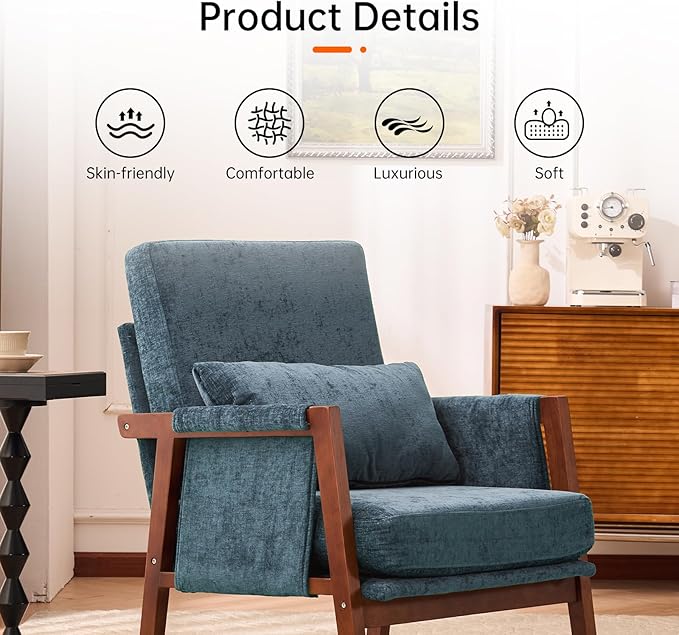 Accent Chair Mid-Century Modern with Lumbar Support Pillow, Upholstered Living Room Chairs with Wooden, Chenille Armchair with Cushion, Anthropologie Side Chair for Bedroom, Navy