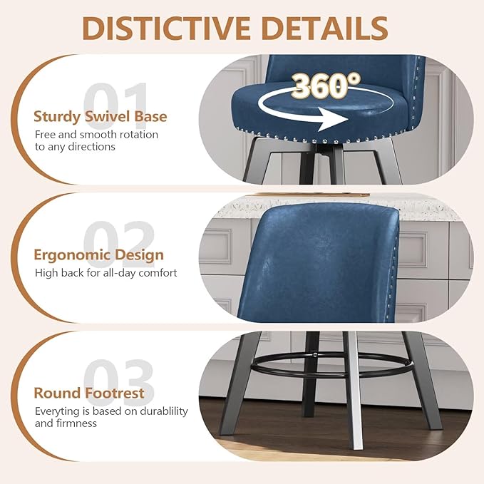 MINCETA Bar Stools Set of 3, PU Leather Barstools, 26 Inch Upholstered Counter Stools with High Back and Footrest, Swivel Counter Height Barstools for Kitchen Island Home Bar Navy Blue