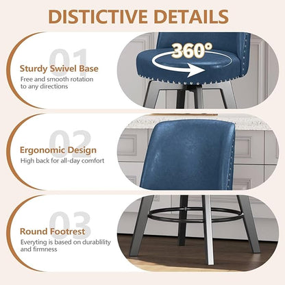 MINCETA Bar Stools Set of 3, PU Leather Barstools, 26 Inch Upholstered Counter Stools with High Back and Footrest, Swivel Counter Height Barstools for Kitchen Island Home Bar Navy Blue