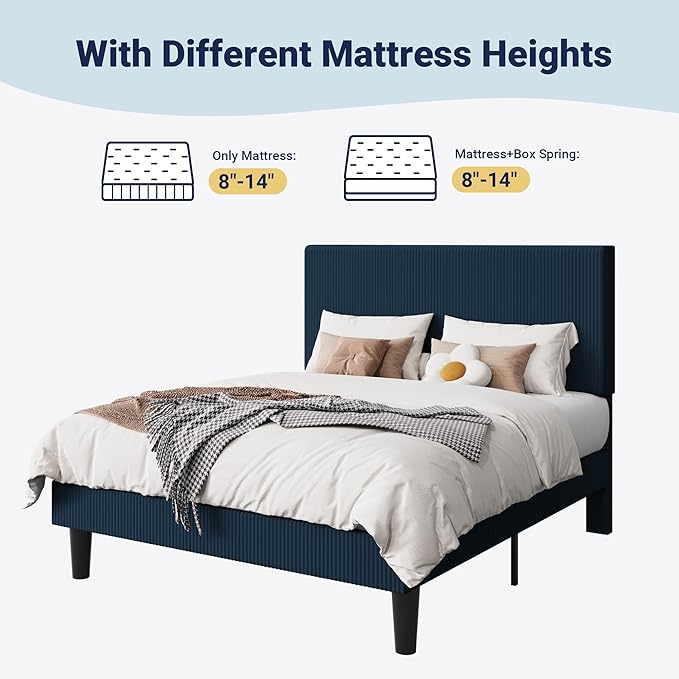 Allewie Full Size Upholstered Bed Frame with Vertical Channel Tufted Headboard, Soft Corduroy Fabric Platform Bed, Strong Wooden Slats Support, Easy Assembly, No Box Spring Needed, Dark Blue