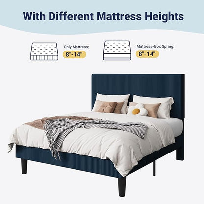 Allewie Full Size Upholstered Bed Frame with Vertical Channel Tufted Headboard, Soft Corduroy Fabric Platform Bed, Strong Wooden Slats Support, Easy Assembly, No Box Spring Needed, Dark Blue