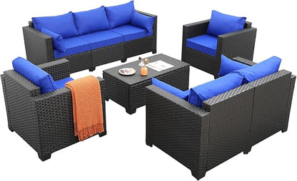 Rattaner Outdoor Wicker Furniture Set 5 Pieces Patio Sectional Sofa Couch Set with Storage Table Royal Blue Anti-Slip Cushions Furniture Covers
