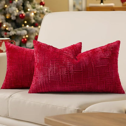 decorUhome Christmas Red Chenille Throw Pillow Covers 12x20 Set of 2 Thick Textured Slubby Couch Pillow Covers Farmhouse Accent Modern Neutral Decorative Pillow Cases for Bed Sofa Living Room