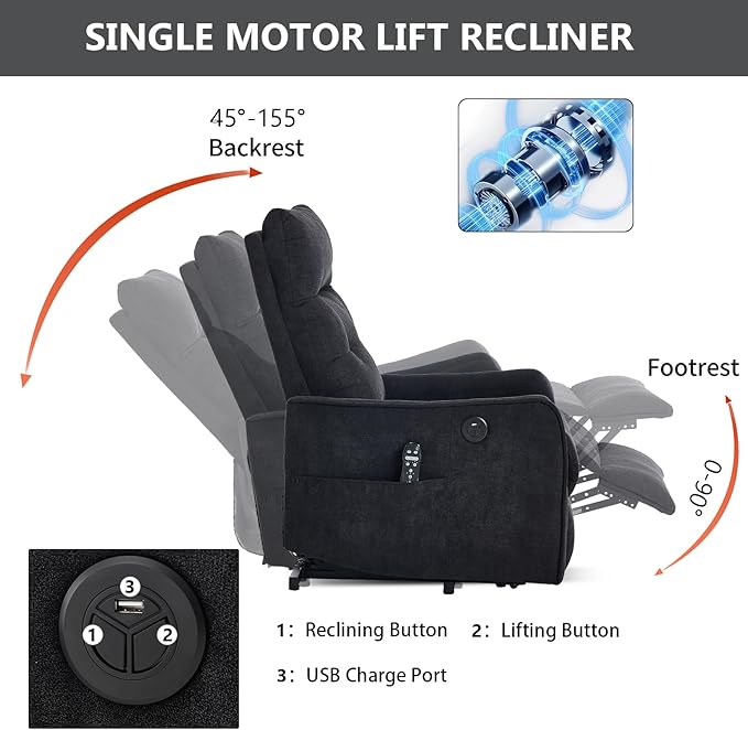 PELUMY Manual Lift Recliner Chair with Massage and Heat for Elderly, Single Motor Electric Lift Chair, Heavy Duty Recliner with USB Charging & Side Pockets (Chenille, Black)