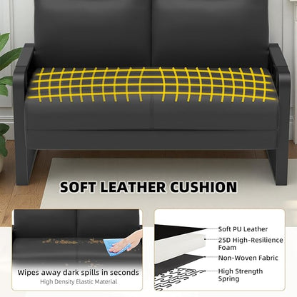 Faux Leather Loveseat Couch for Living Room Bedroom Office, Small Sofa 2 Seater Couch with Flip Up Tray Table Side Pockets Leather Loveseats, Black
