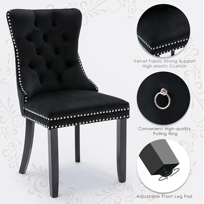 Velvet Upholstered Dining Chairs Set of 4, Modern Style Kitchen Side Chairs with Nailhead Trim and Wood Legs,Metal Pulling Ring for Dining Room Living Room(Black,Set of 4)