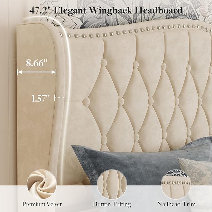 Belffin Full Size Bed Frame with Headboard, Upholstered Velvet Luxury Bed Frame with Wingback, Anti-Slide Tall Footboard, Button Tufted & Nailhead Trim, Noise-Free, No Box Spring Needed, Beige
