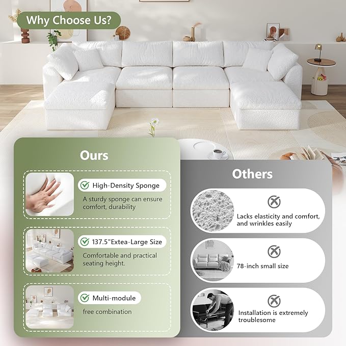 138" Boneless Cloud Couch Modular Sectional Sofa with Deep Seat for Living Room, L Shape Couch with Ottoman, Snowflake Cloth and 40D Memory Sponge，2 Throw Pillows (White, 4 Seater+2 Ottoman)