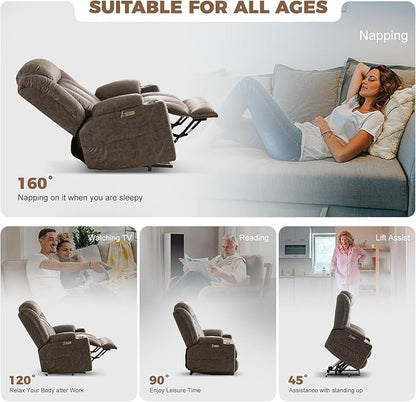 HUSFU Power Lift Recliner Chairs for Elderly with Massage and Heat, Extra Wide Oversized Recliners, Breathable Leather Lift Chairs w/Cup Holders, USB & Type-C Ports, Grey