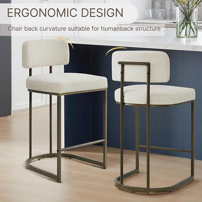 26" H Counter Height Bar Stools Set of 3, Modern Linen Fabric Upholstered Barstools with Backrest for Kitchen Island, Gold Metal Frames, Linen
