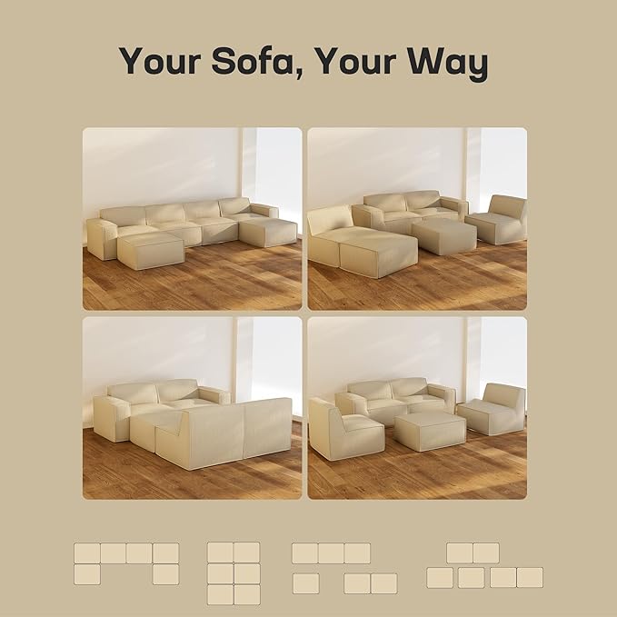 Marsail Modular Sectional Sofa, 142" U-Shaped Modular Sectional Couch with Deep Seat, Freely Combinable Sectional Cloud Sofa for Living Room, No Assembly, Plush Corduroy Fabric, Beige
