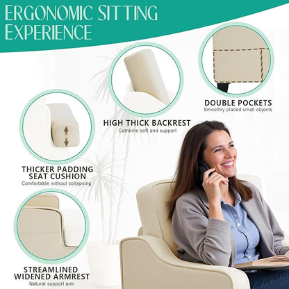 Modern Accent Chairs Set of 2 Upholstered Reading Chair for Bedroom with Side Pockets Comfy Living Room Chairs Living Room Armchair for Office, Apartment (Beige)