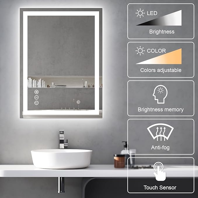 Awoco 24''x32'' LED Bathroom Mirror with Light, Lighted Vanity Mirror with Backlit and Front Light, Dimmable Anti-Fog Memory Function Lighted Mirror with 3 Colors for Bathroom Wall
