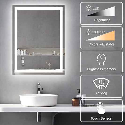 Awoco 24''x32'' LED Bathroom Mirror with Light, Lighted Vanity Mirror with Backlit and Front Light, Dimmable Anti-Fog Memory Function Lighted Mirror with 3 Colors for Bathroom Wall
