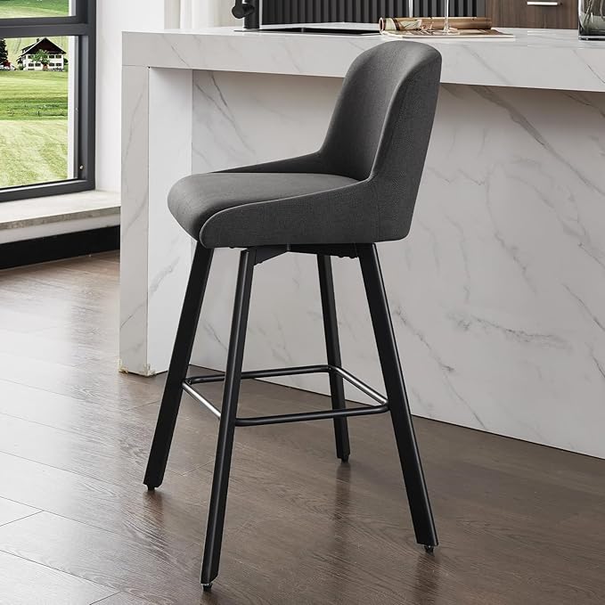 Swivel Counter Height Bar Stools Set of 4, 30''H Upholstered Barstools with Backs, Modern Bar Stool Chairs for Kitchen Island, Metal Legs, Fabric, Black Grey Stools Counter Chair
