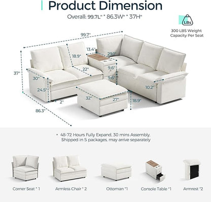 LINSY HOME Modular Sectional Couch Set, 99.7" V Shaped Cloud Sofa with Versatile Console, Chenille 5 Seater Sofa Set for Living Room, Apartment, Office, Beige