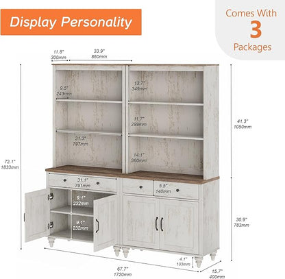 WAMPAT 5 Tier Bookshelf 72" Tall Bookcase with Barn Doors, Large Farmhouse Display Book Shelf with 2 Drawers and Storage Cabinet, Library Wood Bookshelves for Living Room,Kitchen, Rustic White (2PCS)