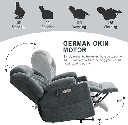 Large Power Lift Recliner Chair, Heavy Duty Steel Mechanism Chenille Fabric High-Density Sponge, USB & Type-C Port Standing Assistance Blue Reclining Chair with Massage and Heat