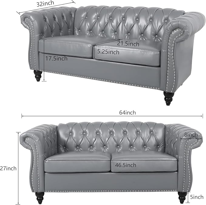 Chesterfield Loveseat Sofa, Modern Leather Small Sofa Couch 2 Seater with Rolled Arms and Nailhead, Mid Century Modern Loveseat Couch for Small Spaces Living Room Bedroom Apartment, Grey