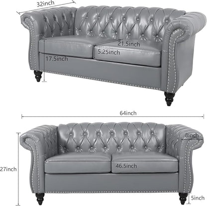 Chesterfield Loveseat Sofa, Modern Leather Small Sofa Couch 2 Seater with Rolled Arms and Nailhead, Mid Century Modern Loveseat Couch for Small Spaces Living Room Bedroom Apartment, Grey