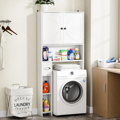 Over The Toilet Storage Cabinet, 65" Tall Bathroom Space Saver with 2 Doors & 2 Adjustable Shelves, Freestanding Organizer Toilet Cabinet for Bathroom, Laundry Room, Modern White Storage Unit
