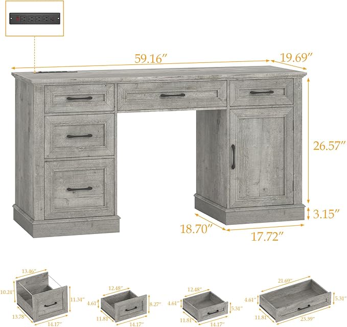 Farmhouse 59'' Executive Desk with Charging Station,Office Desks Computer Desk with 5 Drawers, Wood Workstation for Home Office and Study, File Drawers and Storage Cabinet, Grey