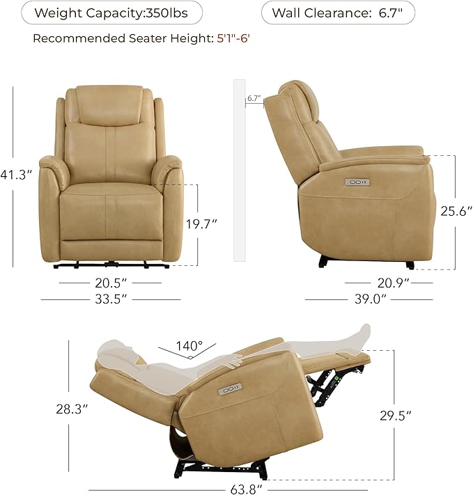 CHITA Super Zero Gravity Power Recliner Chair for Adults, Electric Faux Leather Recliner with USB & Type-C Charging Ports for Living Room, Bedroom & Home Theater Relaxation, Tan