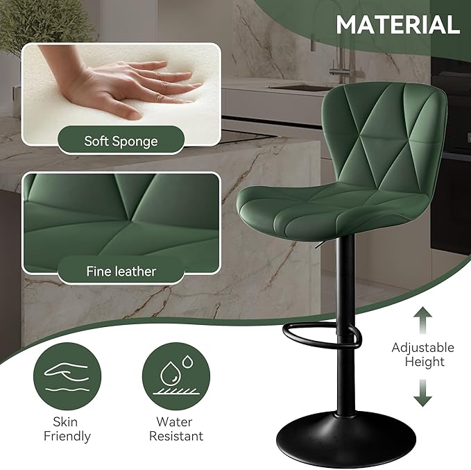 Bar Stools Set of 6,Adjustable Swivel Barstools, Faux Leather Bar Chairs,Upholstered Counter Height with High Backrest for Kitchen Island, Green
